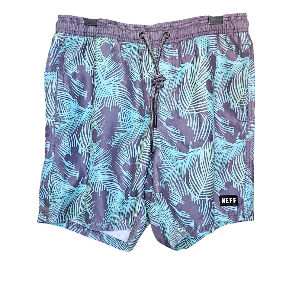 NEFF x Disney Mickey Mouse Swim Shorts Mens Large Teal Grey Tropical Palm